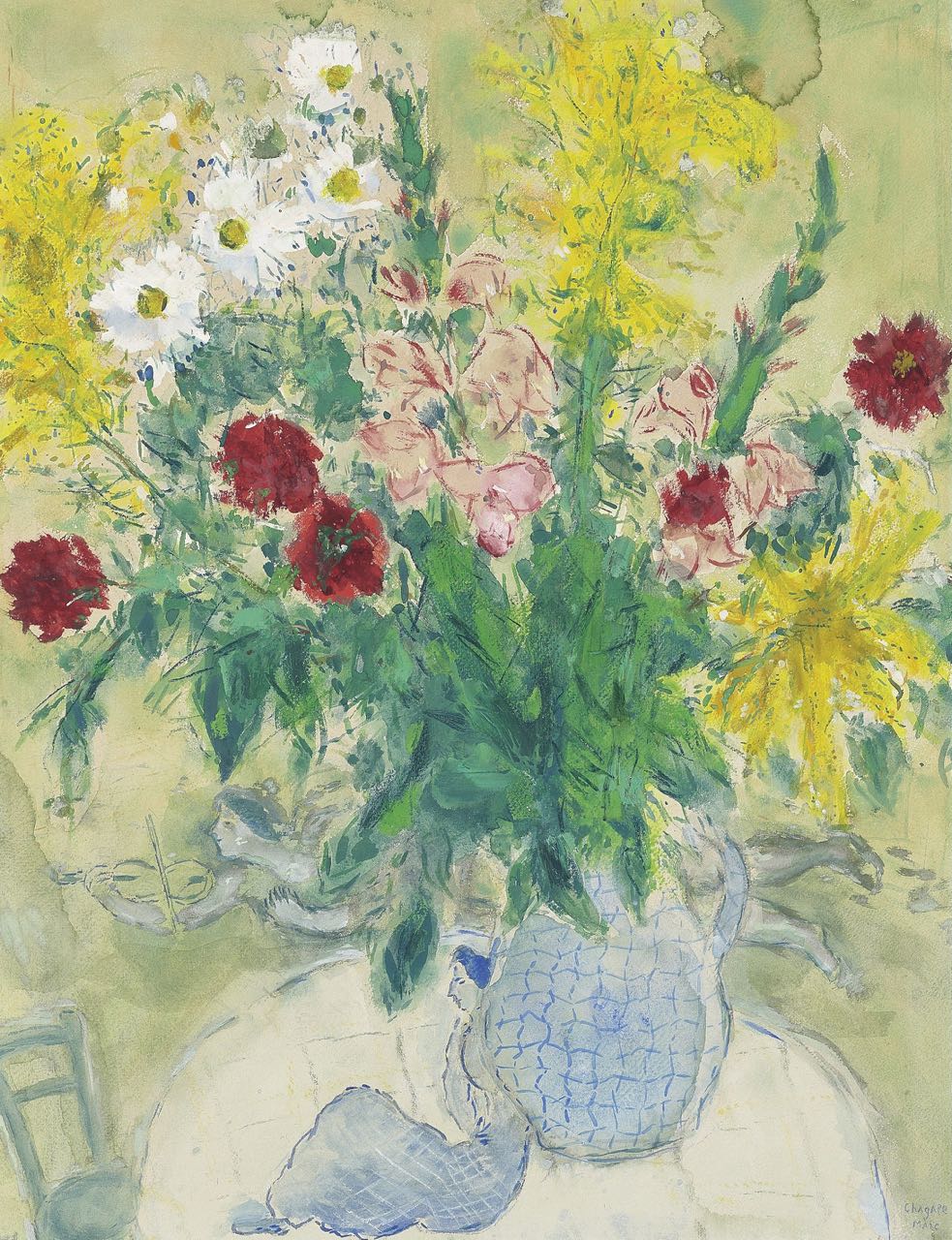 Fleurs dans un Vase Bleu